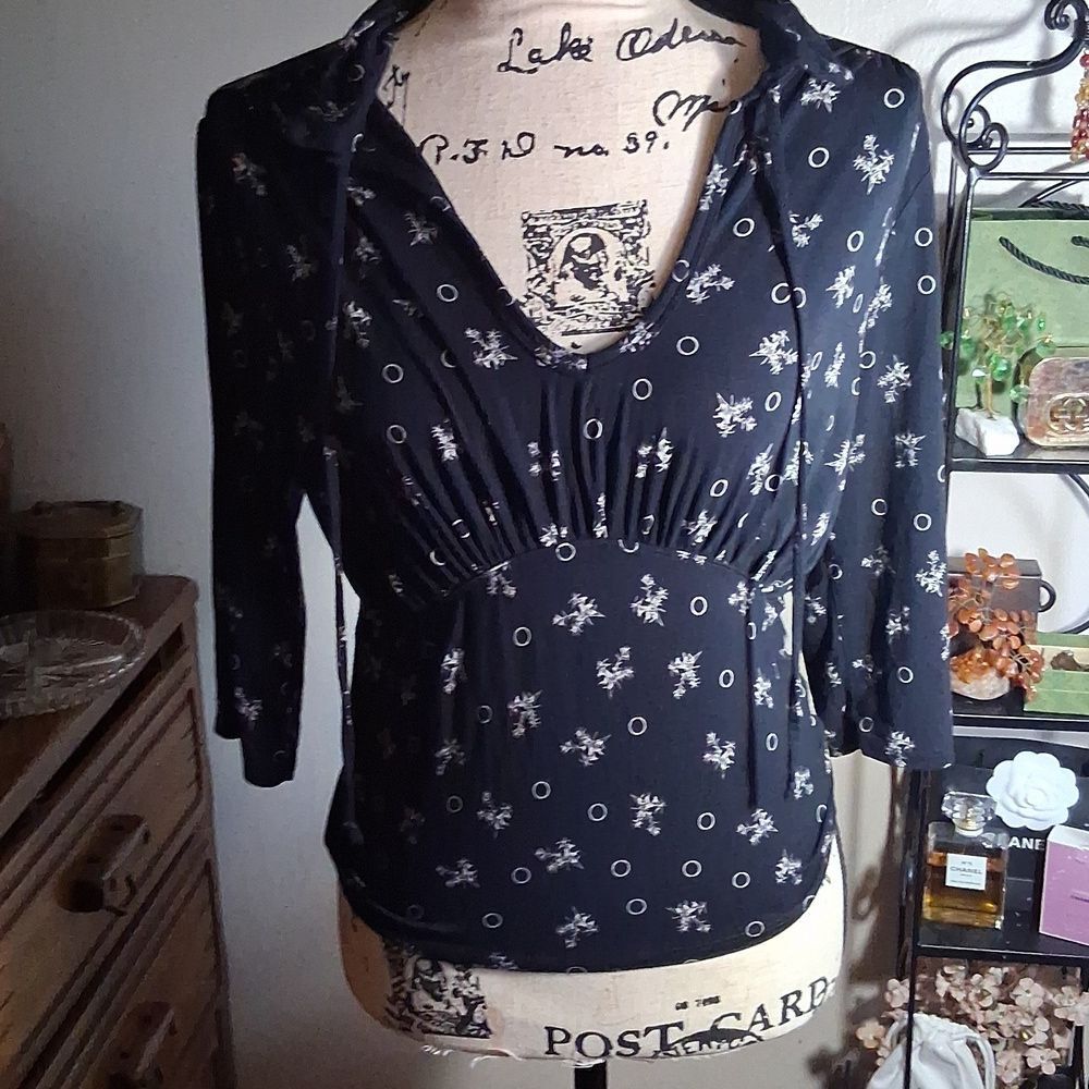 Free People Black Soraya Printed Open Cutout Top Blouse Size L New